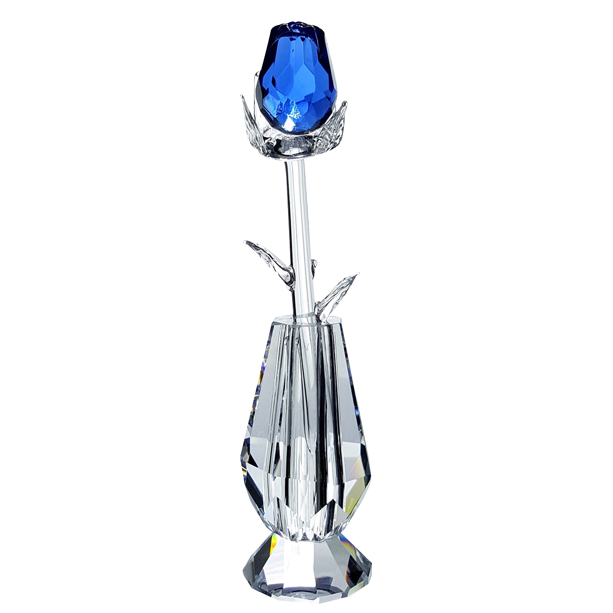 Crystal Blue Rose in Vase in Blue Velvet Box
