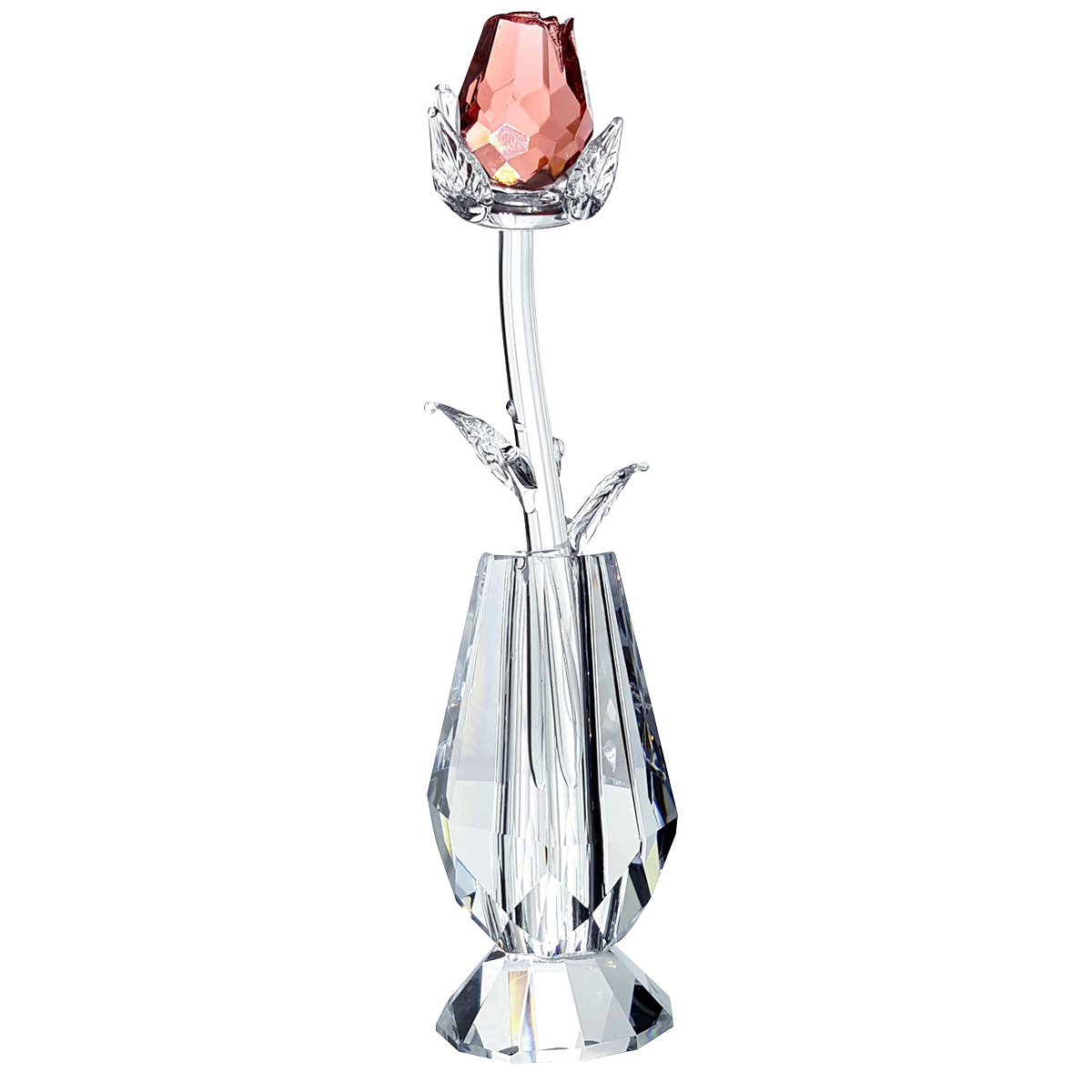 Crystal Pink Rose in Vase in Blue Velvet Box - Click Image to Close